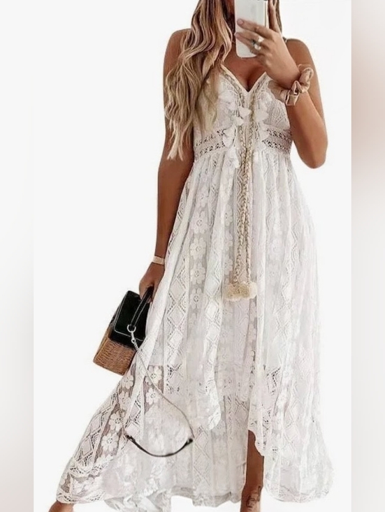 Dresses & Skirts - Boho White Lace Maxi Sundress with Pom Tie